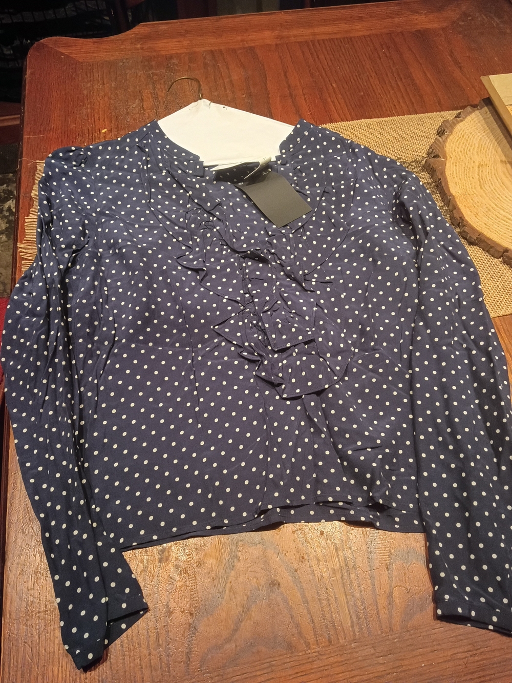 Zara Navy and White Polka Dot Ruffle Blouse